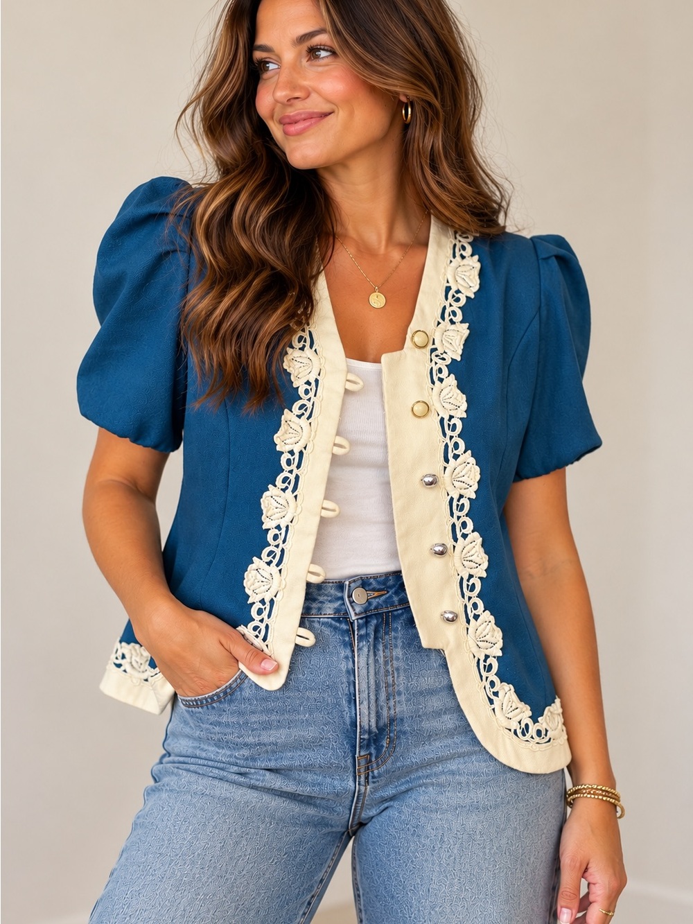 Vintage Jeffrey & Dara Teal Embroidered Puff Sleeve Jacket Made in USA